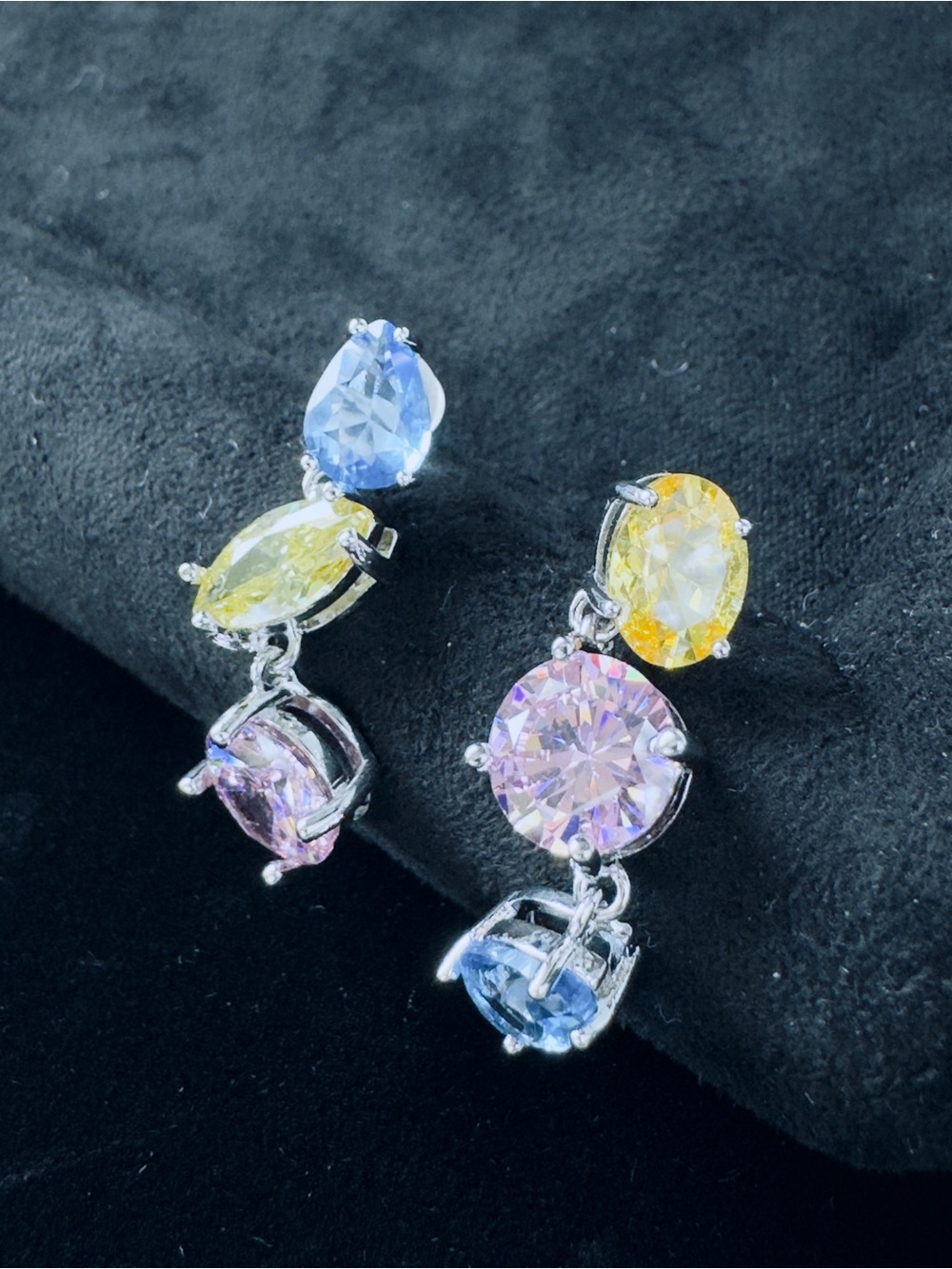 Multicolor CZ Crystal Drop Earrings - Silver Tone